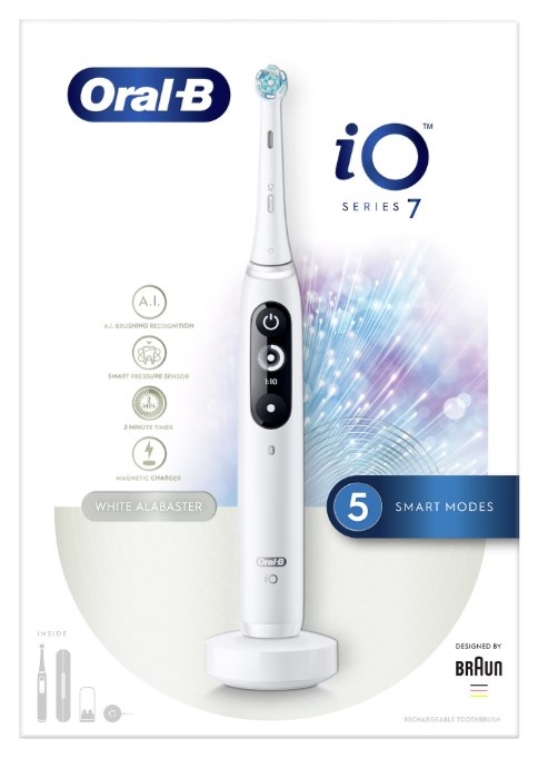 Periuta de dinti electrica Oral-B iO7 cu Tehnologie Magnetica si Micro-Vibratii, Inteligenta artificiala, Display led interactiv, Senzor de presiune Smart, Timer vizibil, 5 moduri, 1 capat, Suport rezerve, Incarcator magnetic, Trusa de calatorie, Alb - 2 | YEO