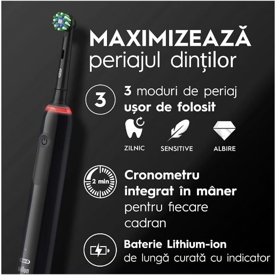 Periuta de dinti electrica Oral-B Pro 3 Cross Action, Curatare 3D, 3 programe, 1 capat, Trusa de calatorie, Negru - 1 | YEO