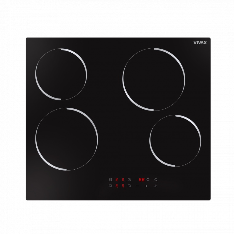 Plita incorporabila VIVAX BH-04MVC, Vitroceramica, Patru zone de gatit, Boost, Control touch, Timer, Putere maxima 8000 W, Timer digital, Setari putere in 9 trepte, Indicator caldura reziduala, Sticla securizata, 60 cm, Negru