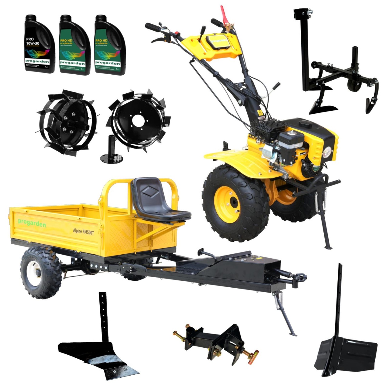 ProGARDEN Pachet Campo 873 Alpine motocultor 7CP + Prasitoare PRS20-45 + Remorca RM500T + Plug simplu + Plug bilonat/rarita + Adaptor reglabil + 2 Roti metalice 350x6 + 3L Ulei