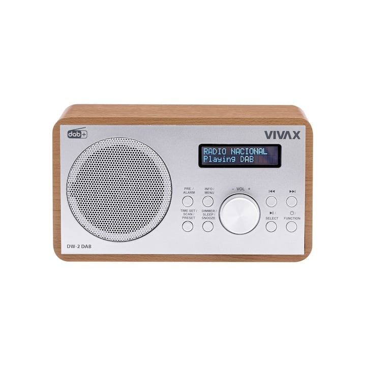 Radio cu ceas Vivax DW-2 DAB, 5W, FM, DAB+, Bluetooth, afisaj LED, 30 posturi presetate, carcasa lemn, maro