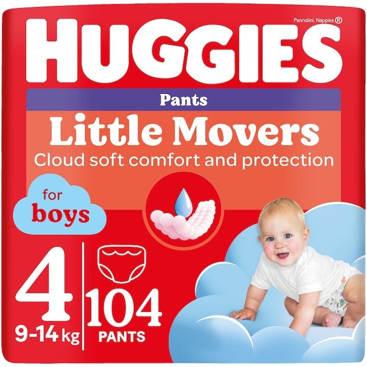 Scutece chilotel Huggies Little Movers 4, Boy, 9-14 kg, 104 buc