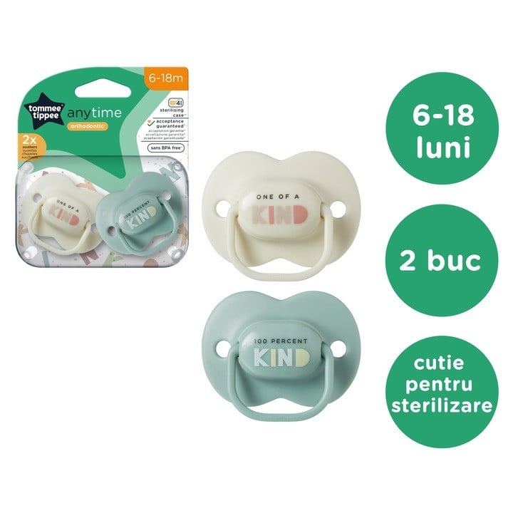 Set 2 Suzete ortodontice Tommee Tippee Anytime, 6-18 luni, Gri/Verde, cutie sterilizare