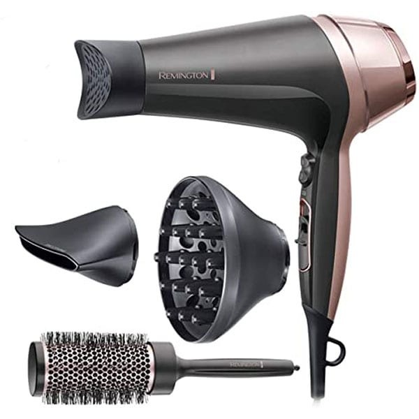 Uscator de par REMINGTON Curl & Straight Confidence Hairdryer D5706 + perie de par pentru coafare, 2200W, 3 viteze, 2 trepte de temperatura, negru-auriu - 1 | YEO