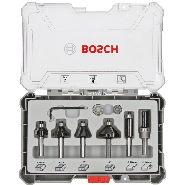 Bosch Set 6 freze de profilat canturi, frezare coplanară si refecare, tija 6mm