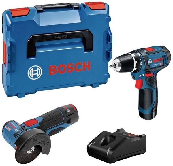 Bosch Set GSR 12V-15 Masina de gaurit + GWS 12V-76 Polizor unghiular + 2 acumulatori GBA 12V 2.0Ah + incărcător GAL 12V-20 Professional + L-BOXX