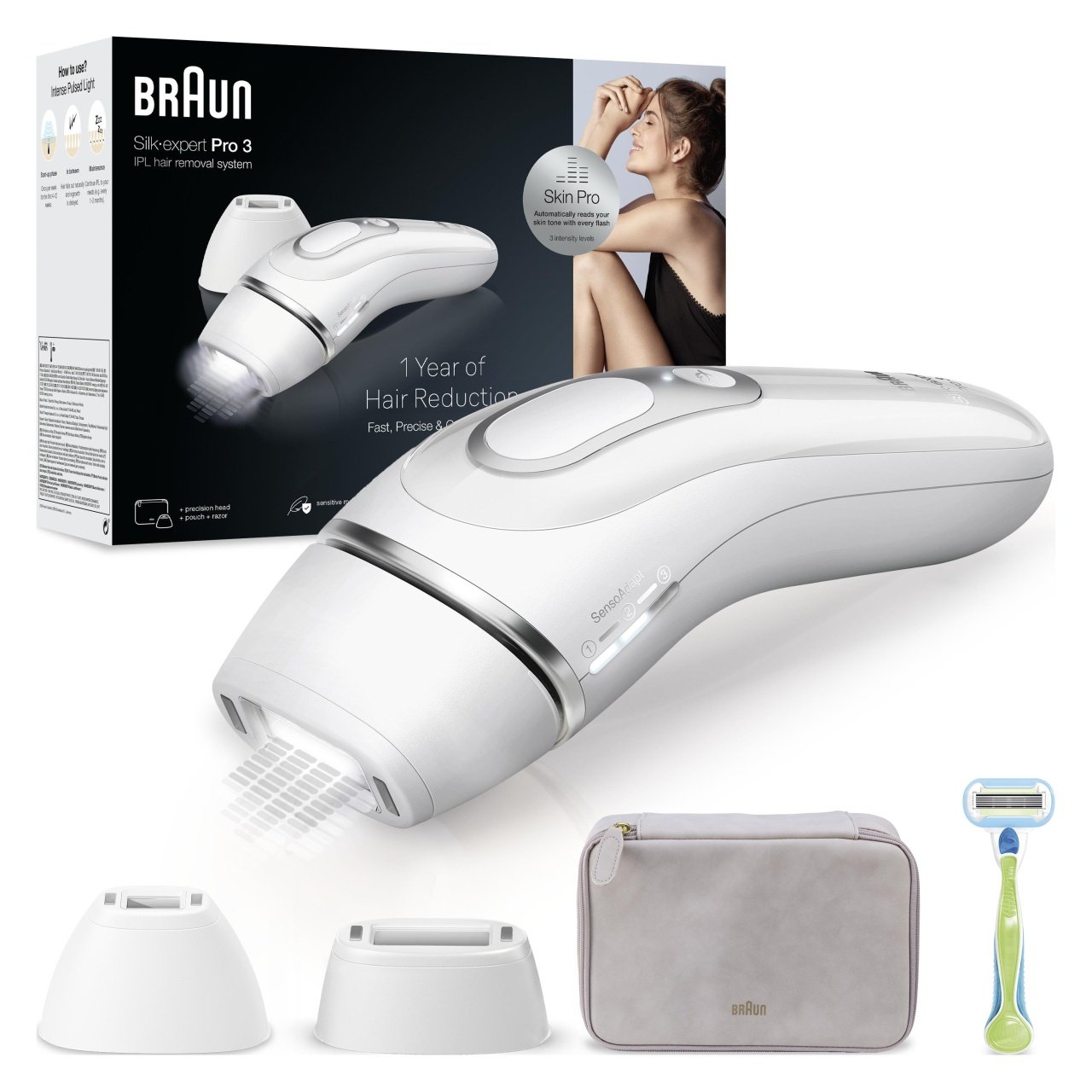 Braun IPL Silk expert Pro 3 PL3132, pentru îndepărtarea părului la domiciliu, husă, aparat de ras Venus, cu 2 capete