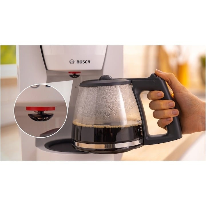 Cafetiera Bosch My Moment TKA3M131, 1.37 l, cana sticla, sistem antipicurare, oprire automata, rezervor de apa detasabil, cu sistem de mentinere la cald, Alb