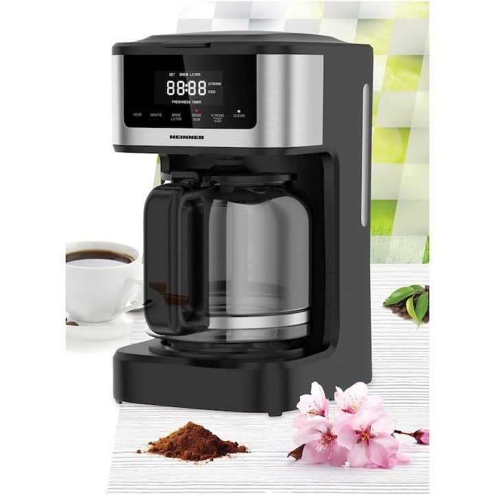 Cafetiera digitala Heinner HCM-DD900BKSS , 900w, 1.8l capacitate, display digital cu control touch, tarie cafea ajustabila, Negru cu insertii inox