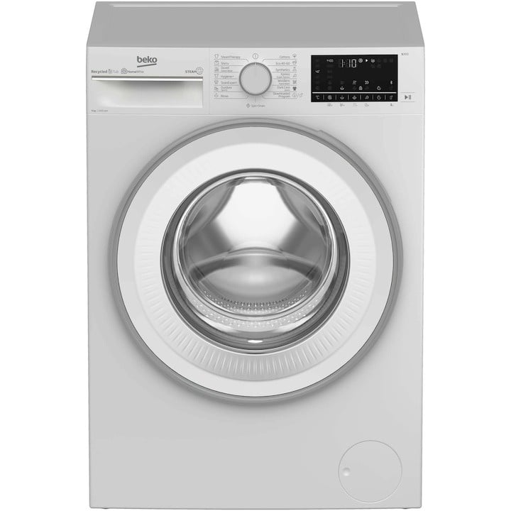 Masina de spalat rufe Slim Beko B3WFU59425W, 9 kg, 1400 RPM, Clasa A, HomeWhiz prin Bluetooth Remote Control, SteamCure, AddXtra, Motor ProSmart Inverter, AddXtra, AutoClean Detergent Drawer, Silent Tech, Alb