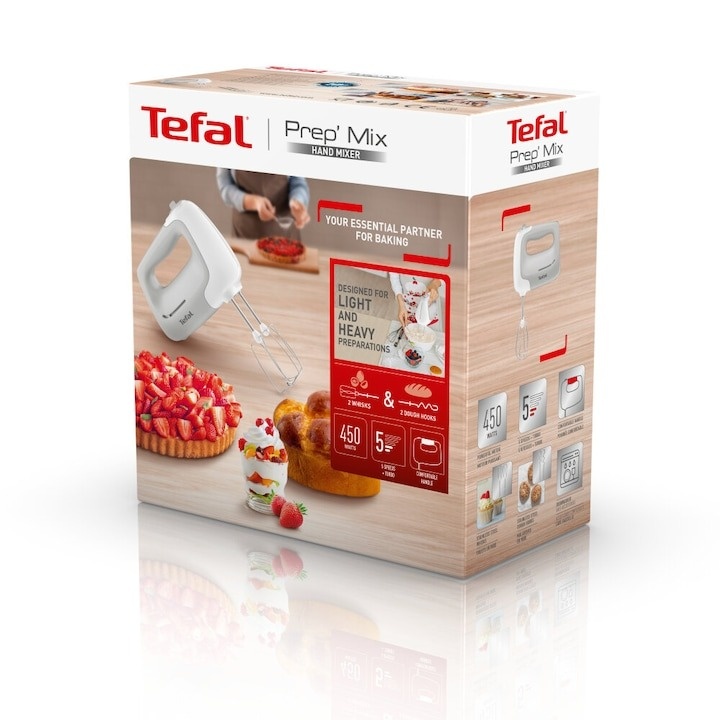 Mixer de mana TEFAL Prep\'Mix HT450B38, 450W, 5 trepte viteza, functie turbo, set 2 teluri, 2 carlige, alb/ gri - 3 | YEO