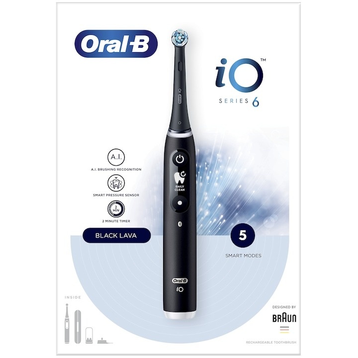 Periuta de dinti electrica Oral-B iO6 cu Tehnologie Magnetica si Micro-Vibratii, Inteligenta artificiala, Display led interactiv, Senzor de presiune Smart, Timer vizibil, 5 moduri, 1 capat, Trusa de calatorie, Negru