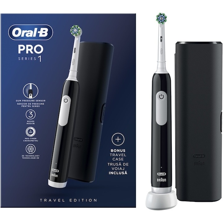 Periuta de dinti electrica Oral-B Pro 1, Curatare 3D, 3 programe, 1 capat de periaj, trusa de calatorie, Negru