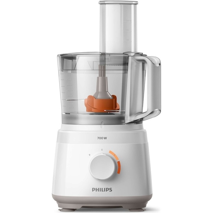 Robot de bucatarie Philips HR7310/00 Daily Collection, 700 W, 2 viteze + puls, bol 2.1 l, dispozitiv de emulsifiere, disc din inox, alb