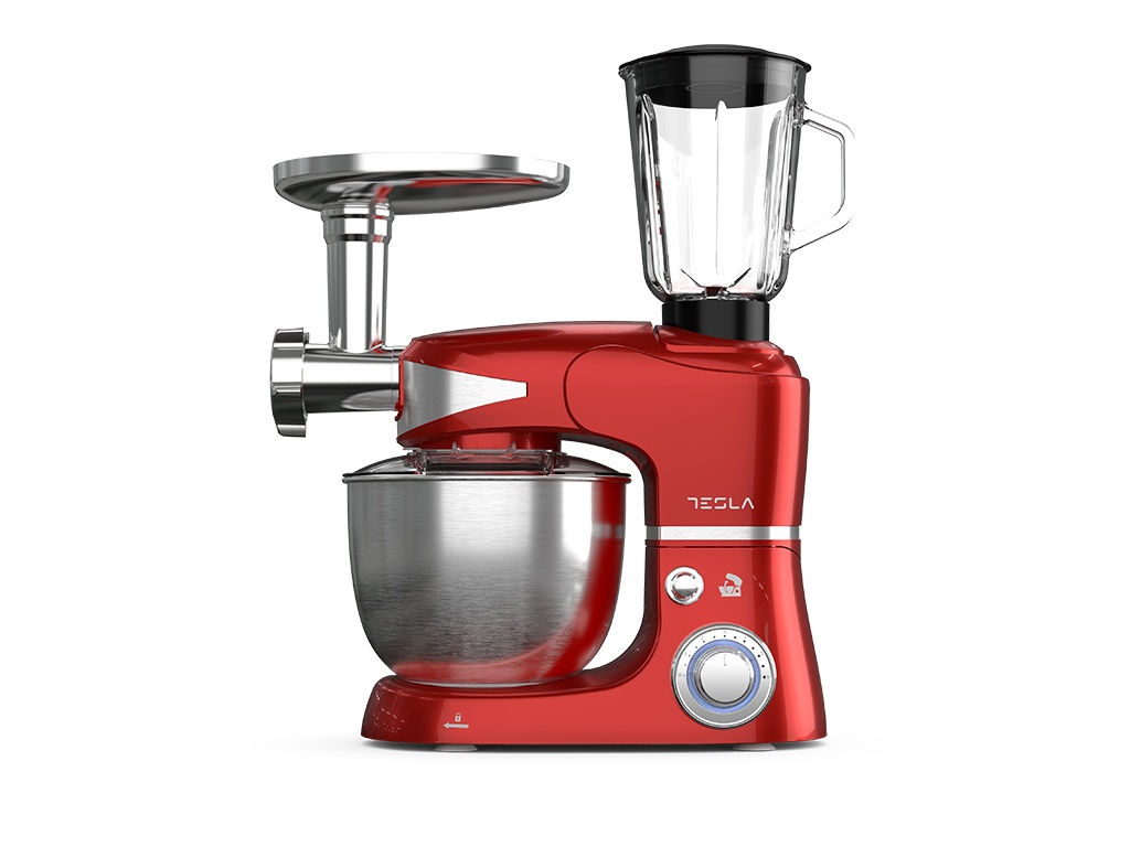 Robot de bucatarie Tesla KR600RA, 1000 W, 6 vitezebol inox 5 L, masina de tocat+blender, Rosu