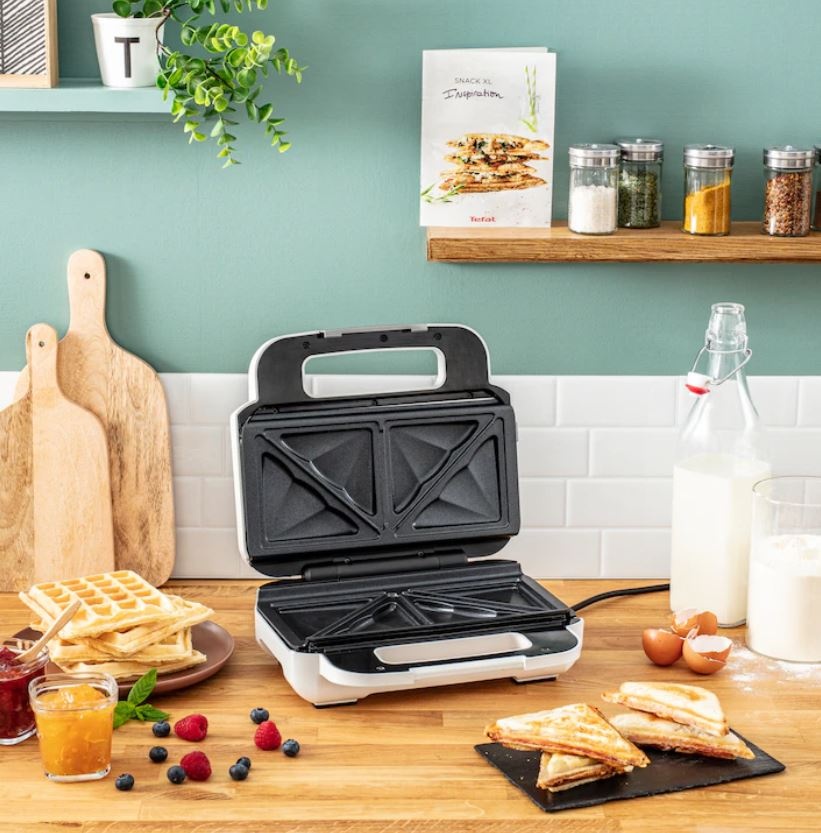 Sandwich-maker Tefal Snack XL SW701110 2in1, 850W, 2 seturi de placi detasabile, alb/ gri