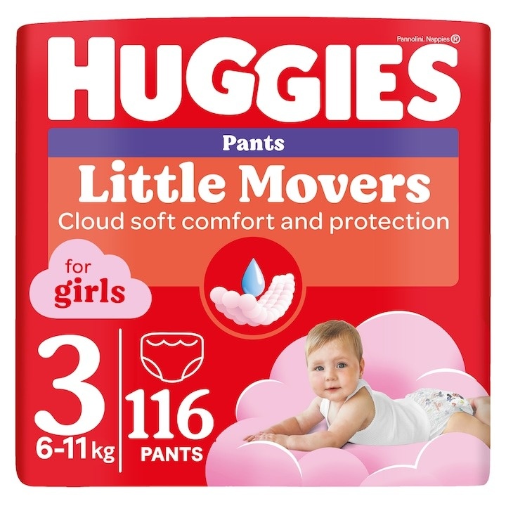 Scutece chilotel Huggies Little Movers 3, Girl, 6-11 kg, 116 buc