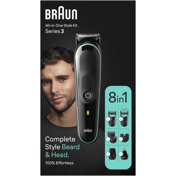 Aparat de tuns multifunctional Braun MGK3441, Wet&Dry, 8-in-1, 5 piepteni, 1 capat, 1 mini aparat de ras, autonomie 80 minute, Saculet de voiaj, Negru/Verde