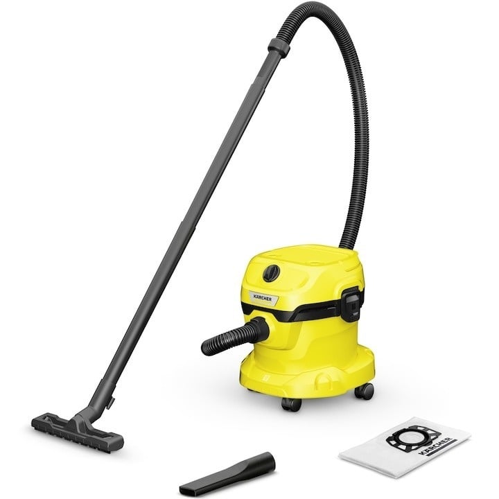 Aspirator multifunctional Karcher WD 2 V-12/4/18 , Aspirare umeda si uscata, 12 l, furtun, 1.8m, 1000W, functie de suflare, Galben/Negru