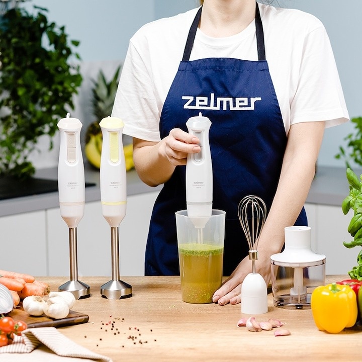 Blender de mana Zelmer ZHB4562I Pulsar Deluxe Max, 800 W, 2 lame inox, Picior inox, Recipient 800 ml, Tocator 450 ml, Tel, Design ergonomic, Alb/Crem - 3 | YEO