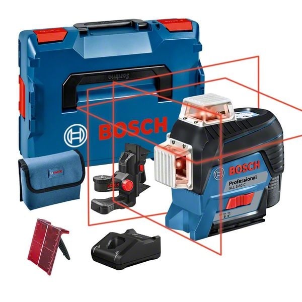 Bosch GLL 3-80 C + BM 1 Nivela laser cu linii, 30m, receptor 120m, precizie 0.2mm/m + 1 x Acumulator GBA 12V 2.0Ah + Incarcator rapid GAL 1230 CV + L-Boxx 136