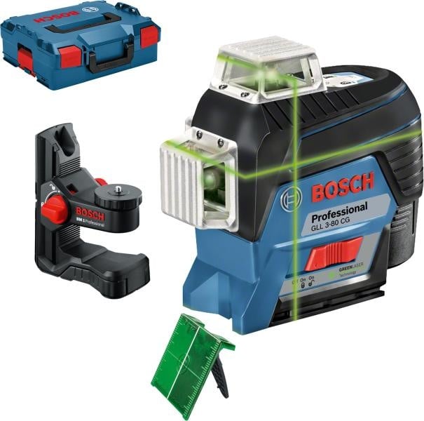 Bosch GLL 3-80 CG + BM 1 (solo) Nivela laser cu linii verzi (30 m) cu Bluetooth + Suport + L-Boxx