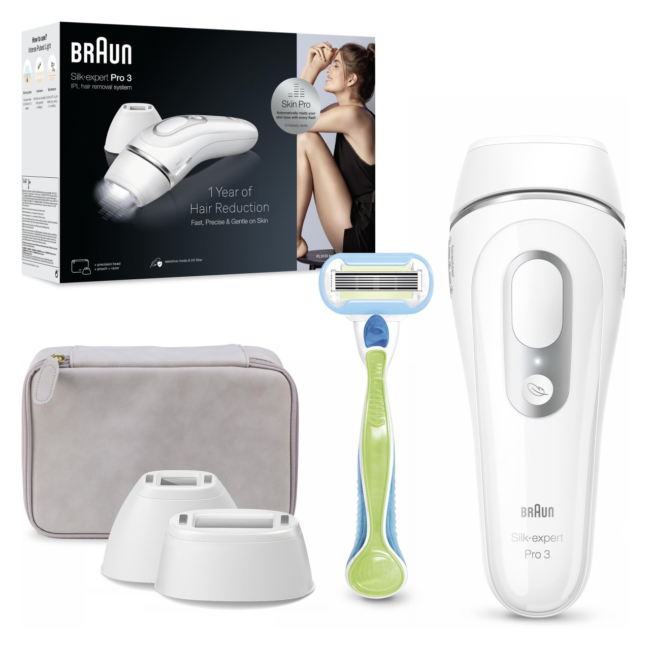 Braun IPL Silk expert Pro 3 PL3132, pentru îndepărtarea părului la domiciliu, husă, aparat de ras Venus, cu 2 capete - 1 | YEO