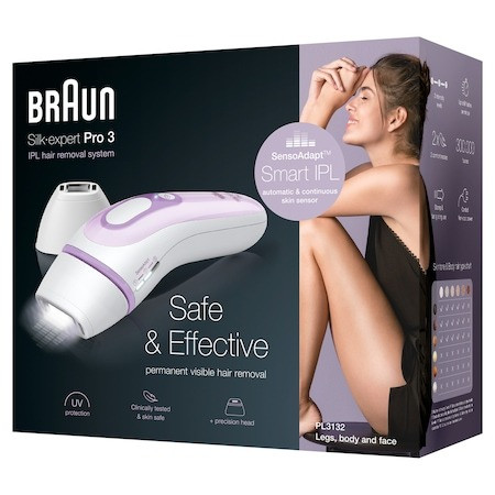 Epilator IPL Braun Silk-expert PRO 3 PL3132, SensoAdapt™, 300.000 impulsuri, 3 niveluri de intensitate, corp si fata, cap de precizie, aparat de ras Venus, Saculet de calatorie, Alb/Mov - 3 | YEO