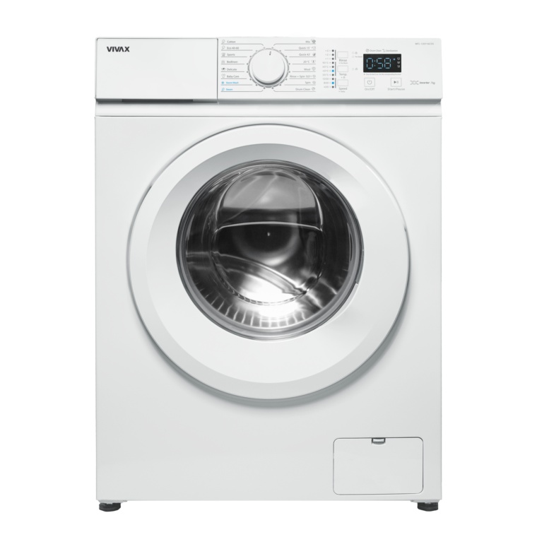 Masina de spalat rufe VIVAX WFL-120716CDS, 7 kg, 1200 RPM, BLDC Motor Inverter, Clasa A, Steam, Baby Care, Eco, Display digital, Control electronic, Blocare acces copii, Temperatura reglabila, Drum Clean Sterilization, Delay Start, 16 programe, Alb