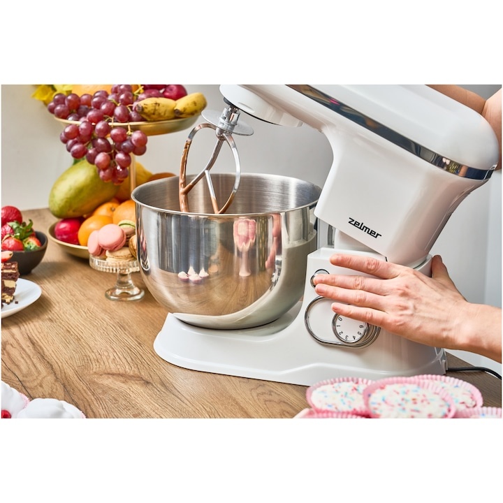 Mixer planetar Zelmer ZKR1350, 1200 W, 6 trepte de viteza, functie Smartmix, pulse, bol inox 5 l, accesorii amestecare, framantare, mixare, carcasa plastic, Alb - 2 | YEO