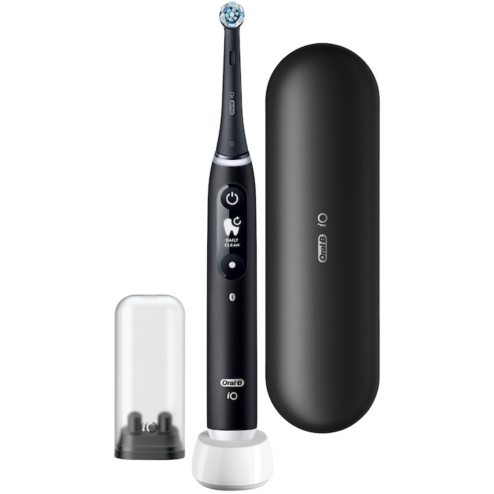 Periuta de dinti electrica Oral-B iO6 cu Tehnologie Magnetica si Micro-Vibratii, Inteligenta artificiala, Display led interactiv, Senzor de presiune Smart, Timer vizibil, 5 moduri, 1 capat, Trusa de calatorie, Negru - 1 | YEO