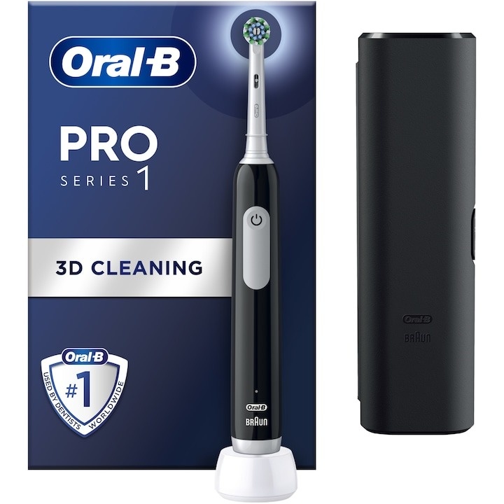 Periuta de dinti electrica Oral-B Pro 1, Curatare 3D, 3 programe, 1 capat de periaj, trusa de calatorie, Negru - 1 | YEO