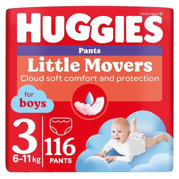 Scutece chilotel Huggies Little Movers 3, Boy, 6-11 kg, 116 buc