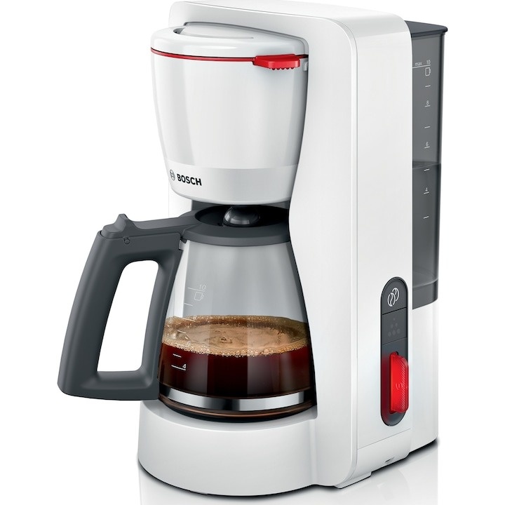 Cafetiera Bosch My Moment TKA3M131, 1.37 l, cana sticla, sistem antipicurare, oprire automata, rezervor de apa detasabil, cu sistem de mentinere la cald, Alb