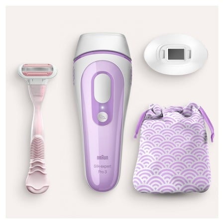 Epilator IPL Braun Silk-expert PRO 3 PL3132, SensoAdapt™, 300.000 impulsuri, 3 niveluri de intensitate, corp si fata, cap de precizie, aparat de ras Venus, Saculet de calatorie, Alb/Mov