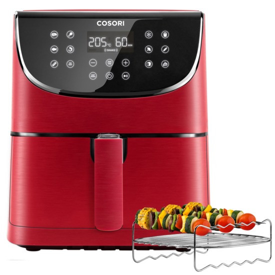 Friteuza cu aer cald, fara ulei, Cosori Air Fryer, Ecran digital, 11 functii de gatire presetate, 1 Grilaj pentru frigarui si 5 Frigarui, Capacitate 5.5 litri, 1700W, Rosu - 1 | YEO