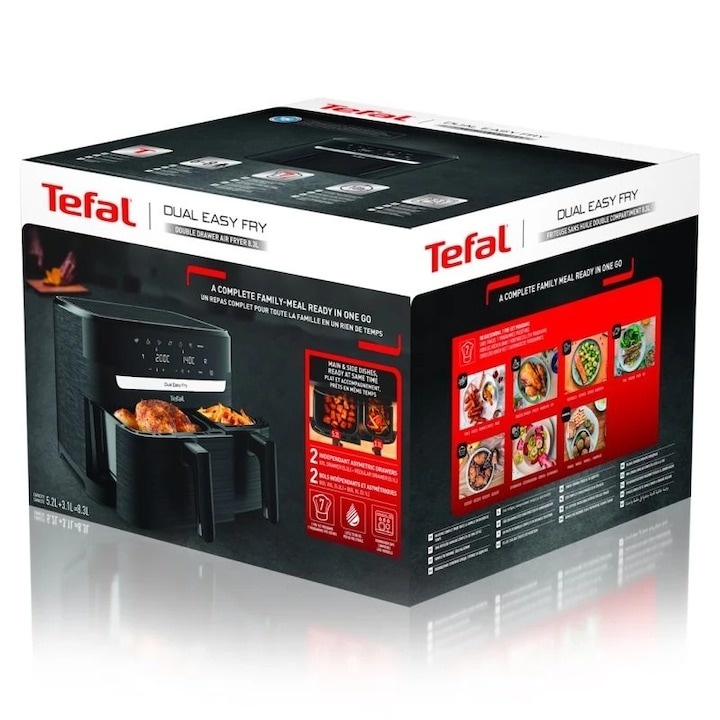 Friteuza dubla cu aer cald Tefal Dual Easy Fry EY901N10, Putere 2700W, 7 Programe de gatire, Ecran LCD, Capacitate 5.2L + 3.1L, Negru - 1 | YEO