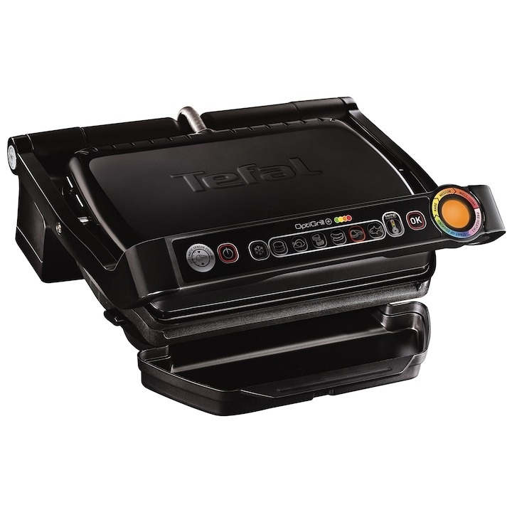 Gratar electric Tefal OptiGrill GC714834, 2000W, 6 programe automate de gatit, Senzor automat pentru gatit, Placi detasabile, Negru