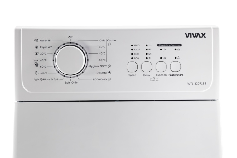 Masina de spalat rufe cu incarcare verticala VIVAX WTL-120715CB, 7kg, 1200 RPM, BLDC Motor Inverter Clasa C, Panou de comanda cu LED-uri, Programe Hygiene+ 90°C, Blocare acces copii, Temperatura reglabila, Quick Wash, , Delay Start, Alb - 3 | YEO
