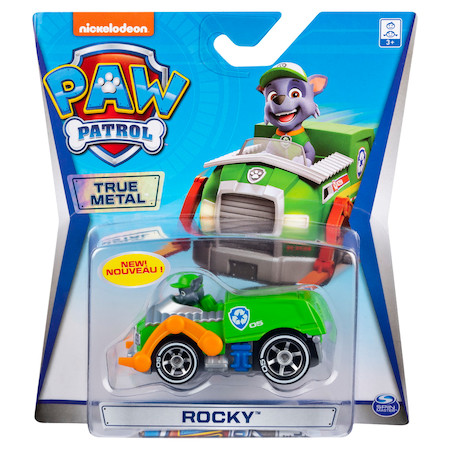 Masinuta Paw Patrol True Metal - Rocky cu masina de curatenie, scara 1:55