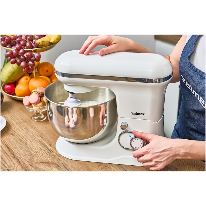 Mixer planetar Zelmer ZKR1350, 1200 W, 6 trepte de viteza, functie Smartmix, pulse, bol inox 5 l, accesorii amestecare, framantare, mixare, carcasa plastic, Alb - 3 | YEO