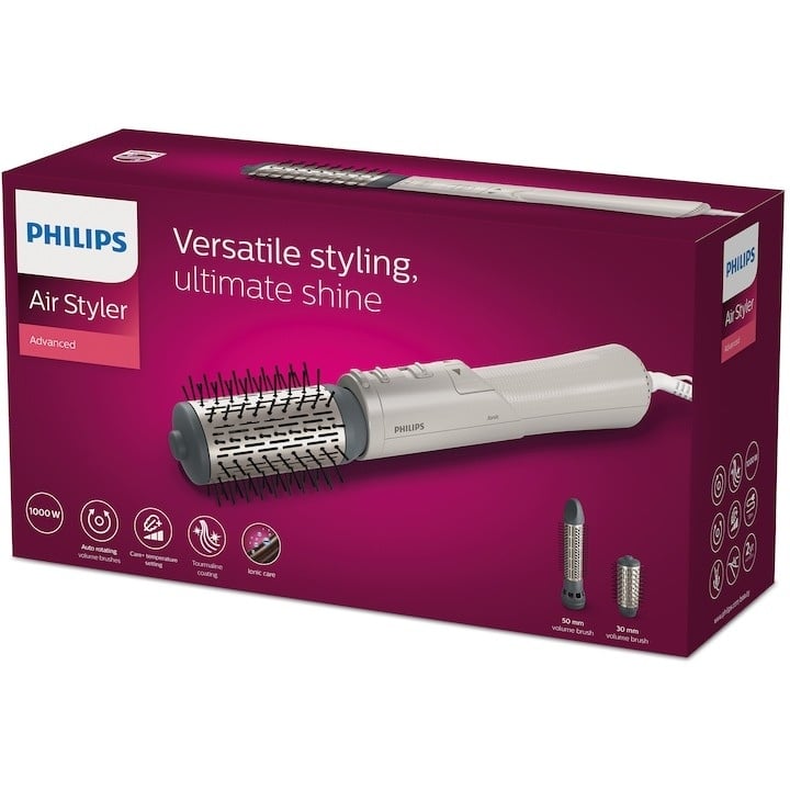 Perie rotativa cu aer cald Philips Seria 7000 BHA710/00, 1000W, ingrijire cu ioni, 2 accesorii, setare temperatura de ingrijire, peri naturali, invelis ceramic din turmalina, Alb/crem