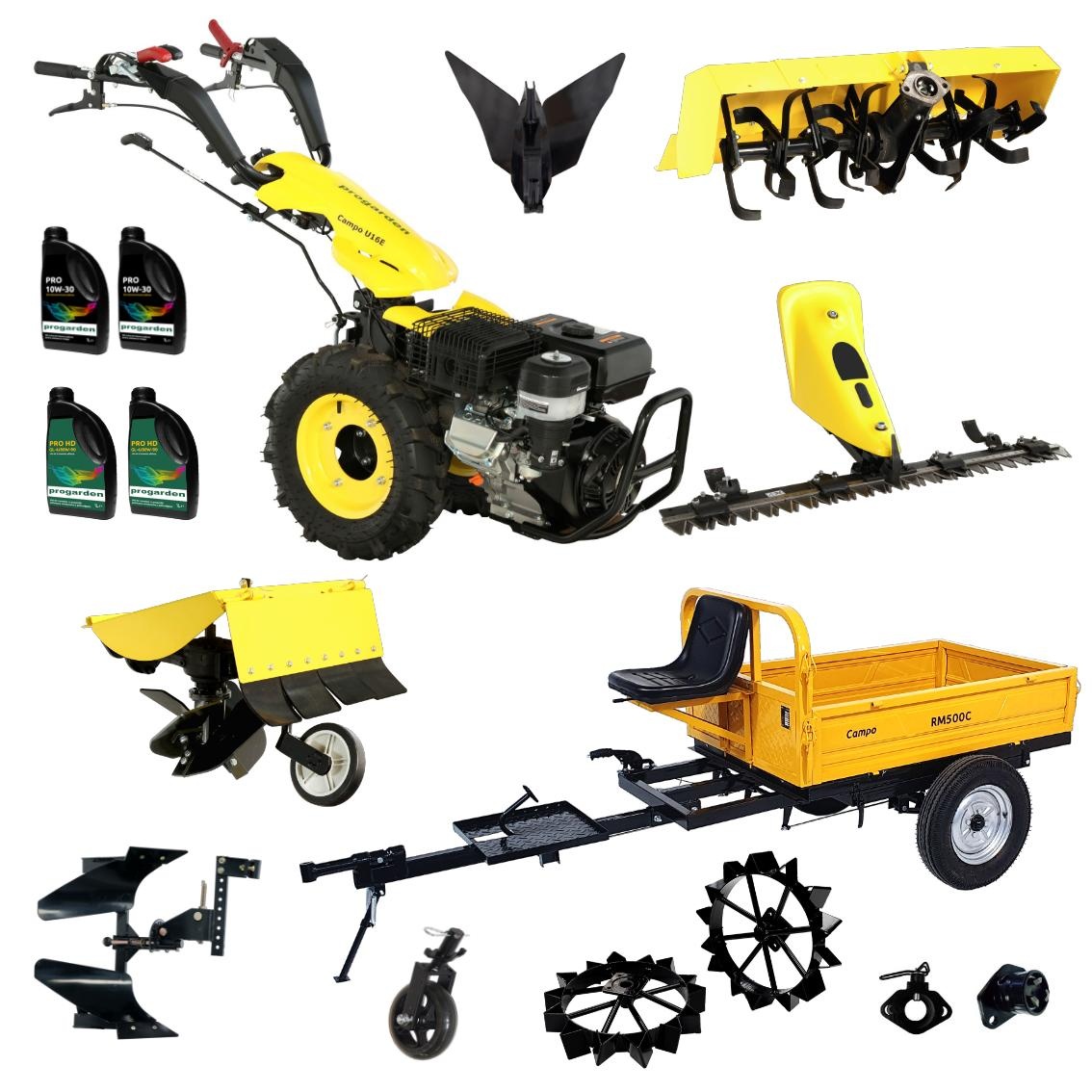 ProGARDEN Pachet Campo U16E Motocultor 14CP + RM500C Remorca 500Kg + BC120M Bara cosire + 3xPlug + FT90 Freza tractata + 2xRoti metalice RM47 + 2xCuple + 4L Ulei