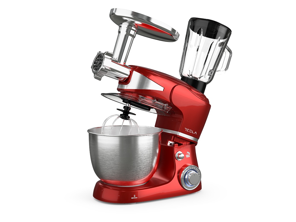 Robot de bucatarie Tesla KR600RA, 1000 W, 6 vitezebol inox 5 L, masina de tocat+blender, Rosu - 3 | YEO
