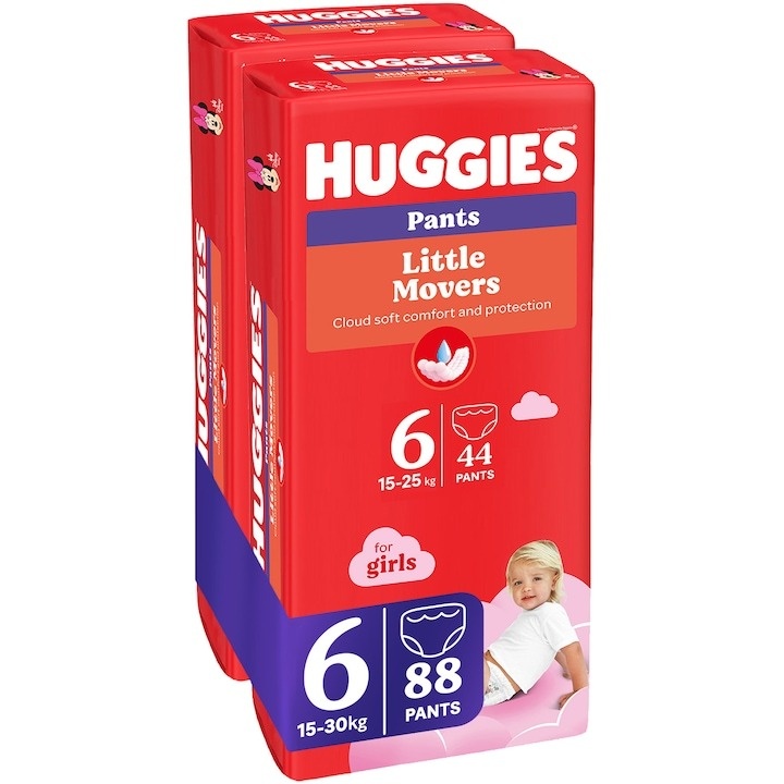 Scutece chilotel Huggies Little Movers 6, Girl, 15-30 kg, 88 buc - 1 | YEO