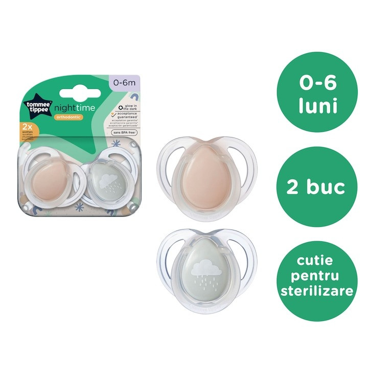 Set 2 Suzete ortodontice Tommee Tippee Night Time, 0-6 luni, Roz-Gri, cutie sterilizare