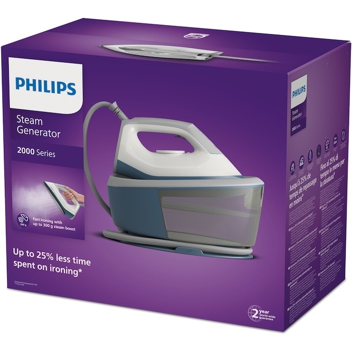 Statie de calcat cu abur Philips seria 2000 PSG2000/20, 2400 W, 6 bari, jet de abur continuu 110 g/min, Jet de abur de 300 g, Talpa ceramica, Rezervor de apa 1.4 l, Oprire automata, sitem de detartrare Smart Calc Clean