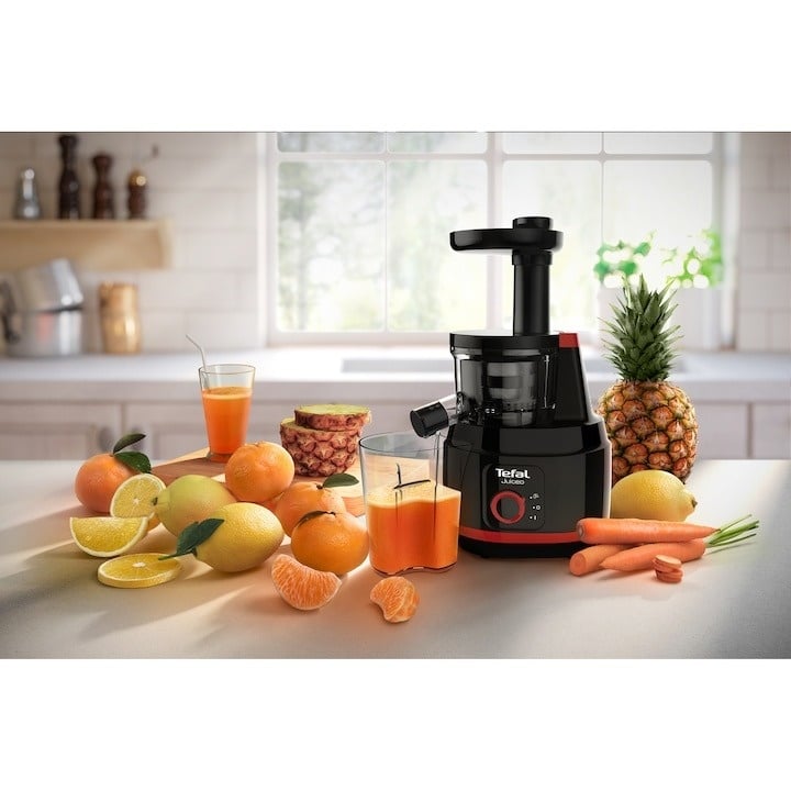 Storcator de fructe si legume Tefal ZC150838 Juiceo, 150 W, 80 Rpm, presare la rece, 1 filtru, Rosu/Negru