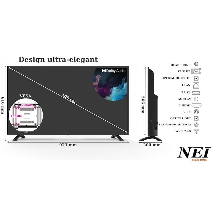 Televizor Smart NEI Full HD 42NE5900H 106 cm, Sistem VIDAA OS, Audio Dolby, Negru, cu Suport Perete Inclus - 3 | YEO