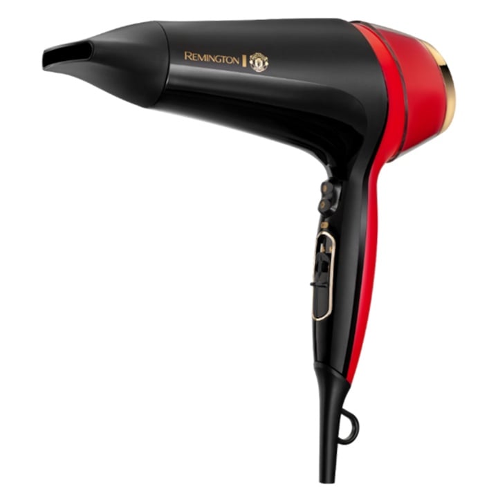 Uscator de par Remington D5755 Thermacare Manchester United, 2400 W, 2 viteze, 3 trepte de temperatura, Indicator LED Ionic, Turbo Boost, Rosu/ Negru